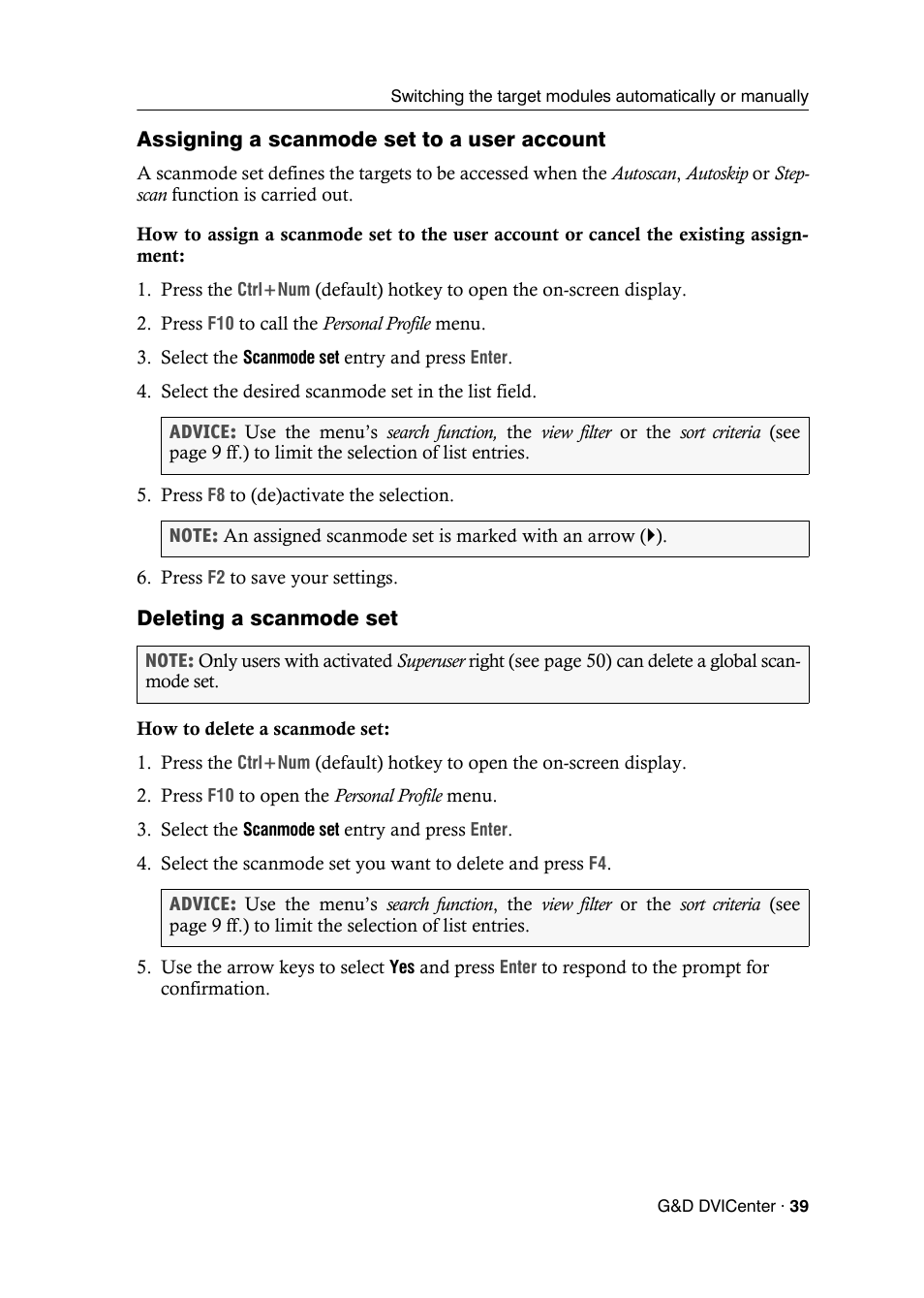 Assigning a scanmode set to a user account, Deleting a scanmode set | Guntermann & Drunck DVICenter DP16 Configuration and Operation User Manual | Page 47 / 152