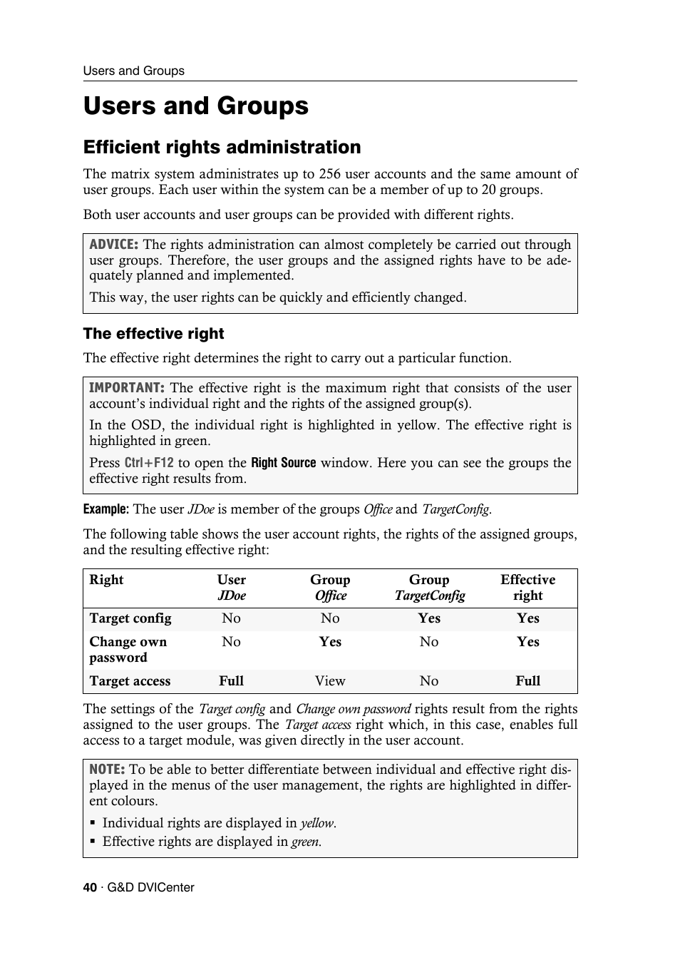 Users and groups, Efficient rights administration, The effective right | Guntermann & Drunck DVICenter DP16 Configuration and Operation User Manual | Page 48 / 152
