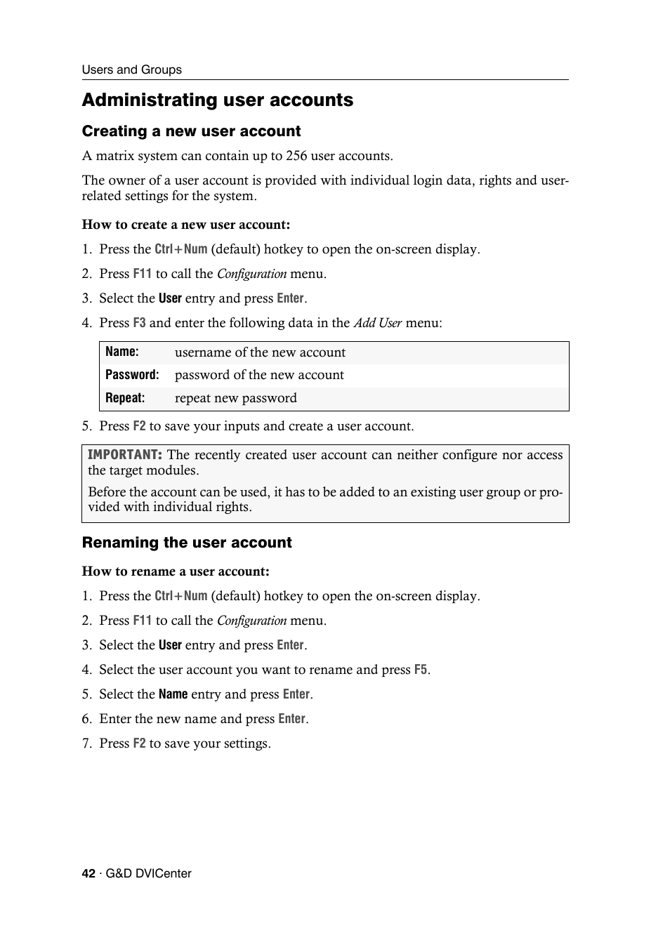 Administrating user accounts, Creating a new user account, Renaming the user account | Guntermann & Drunck DVICenter DP16 Configuration and Operation User Manual | Page 50 / 152