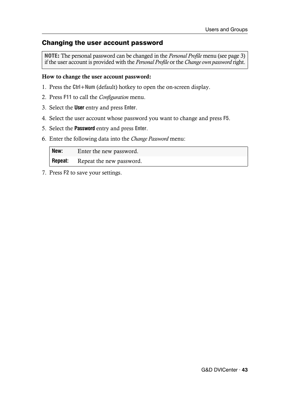 Changing the user account password | Guntermann & Drunck DVICenter DP16 Configuration and Operation User Manual | Page 51 / 152