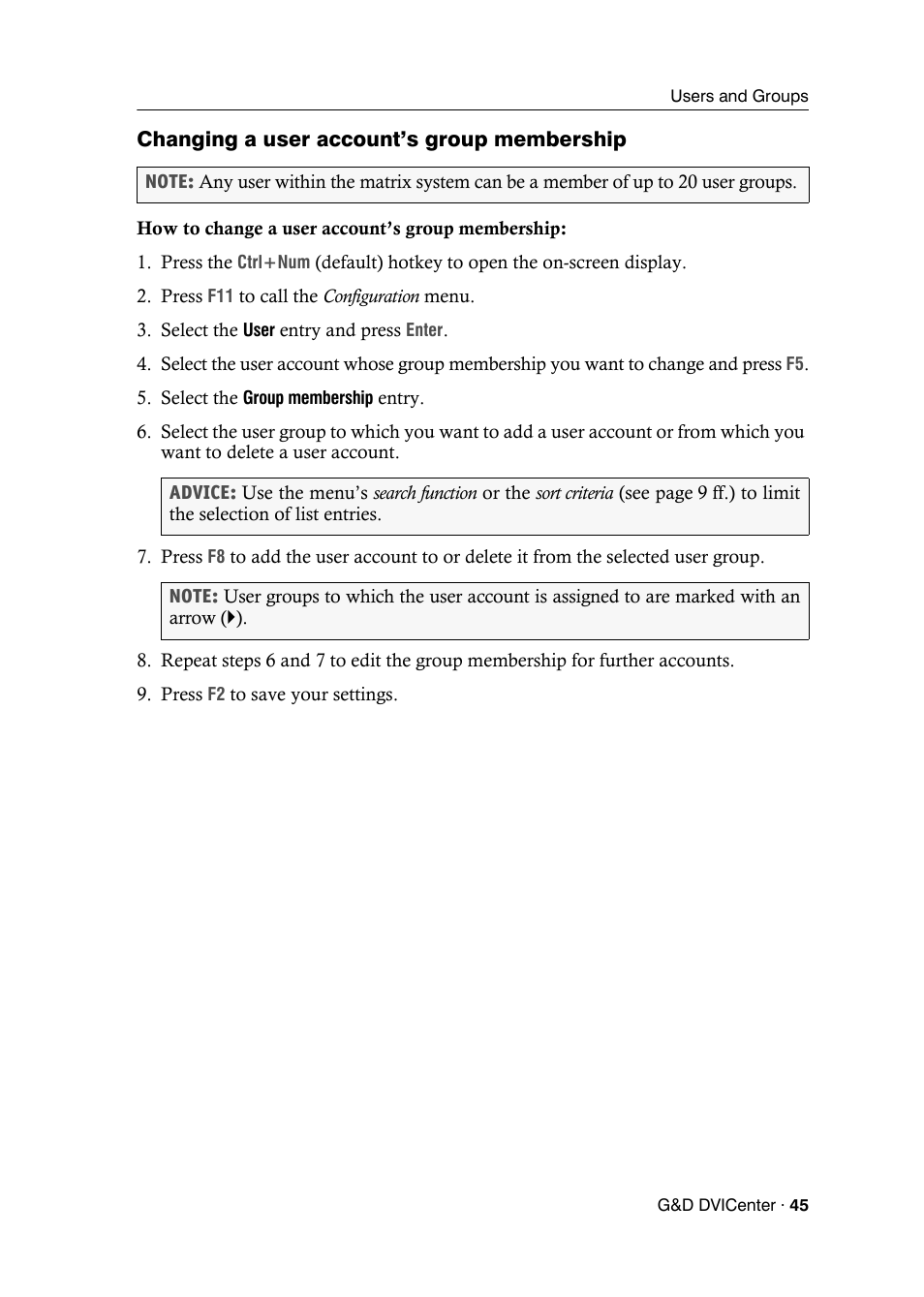 Changing a user account’s group membership | Guntermann & Drunck DVICenter DP16 Configuration and Operation User Manual | Page 53 / 152