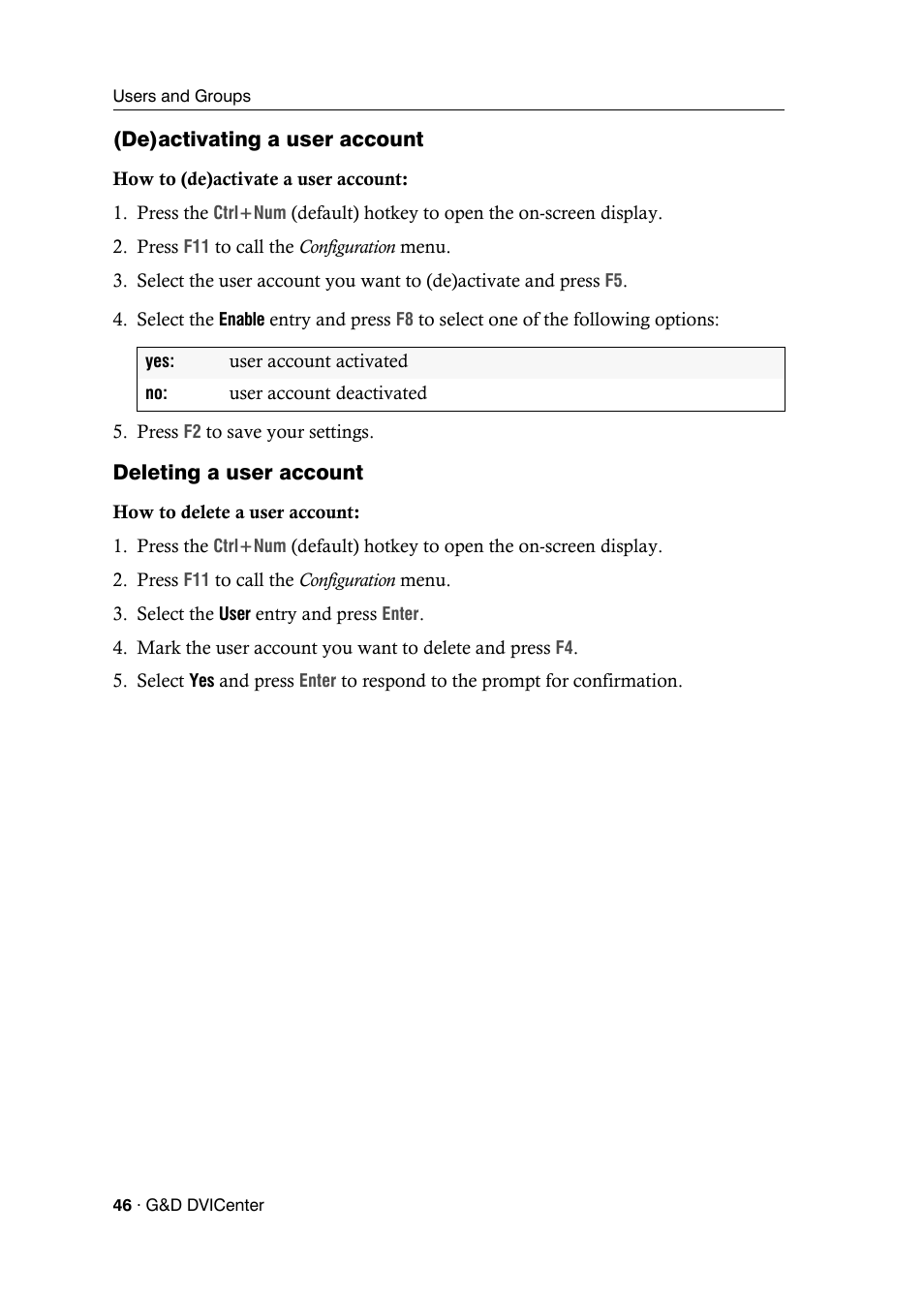 De)activating a user account, Deleting a user account | Guntermann & Drunck DVICenter DP16 Configuration and Operation User Manual | Page 54 / 152