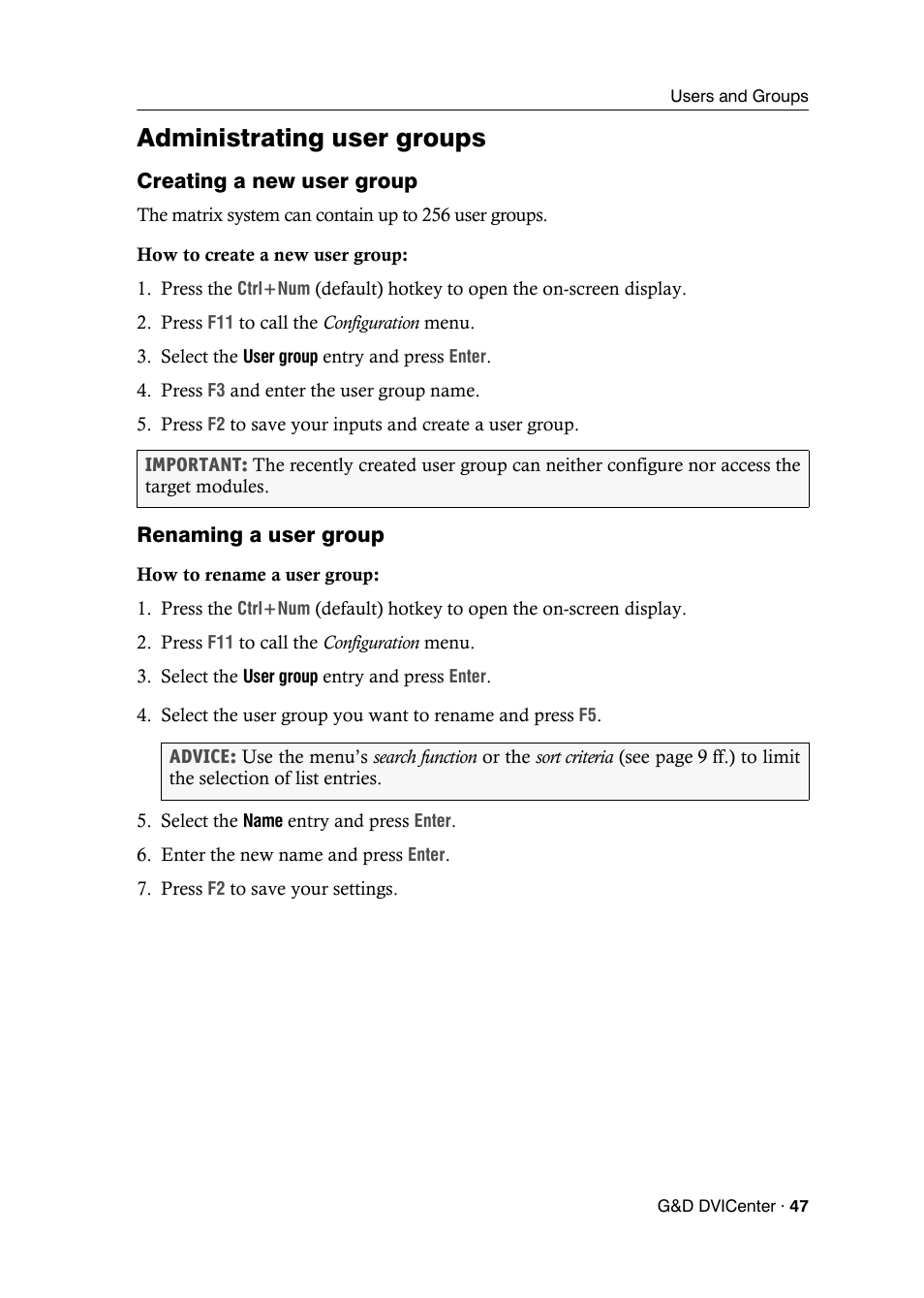 Administrating user groups, Creating a new user group, Renaming a user group | Guntermann & Drunck DVICenter DP16 Configuration and Operation User Manual | Page 55 / 152