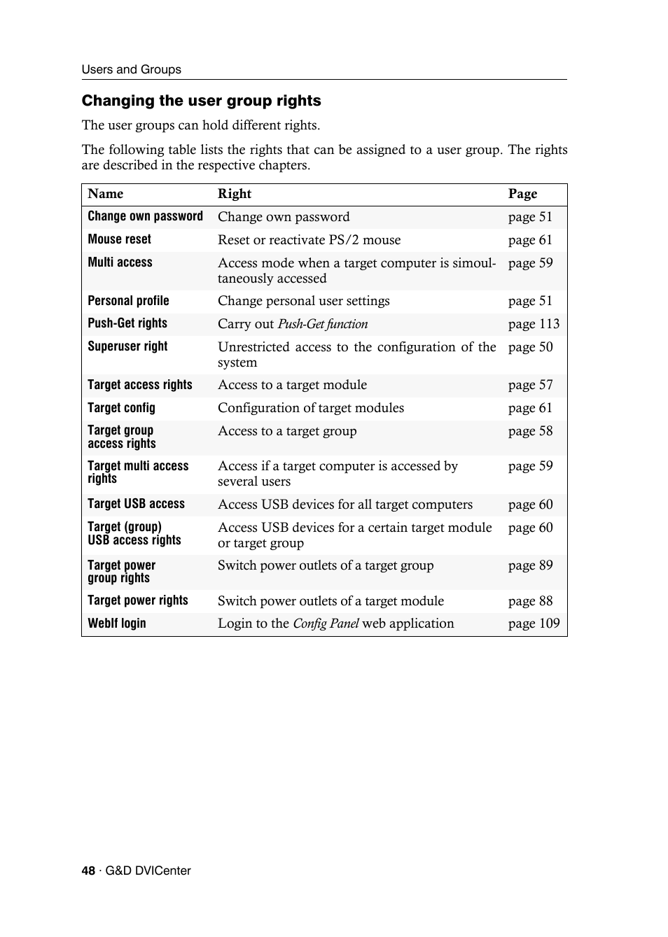Changing the user group rights | Guntermann & Drunck DVICenter DP16 Configuration and Operation User Manual | Page 56 / 152