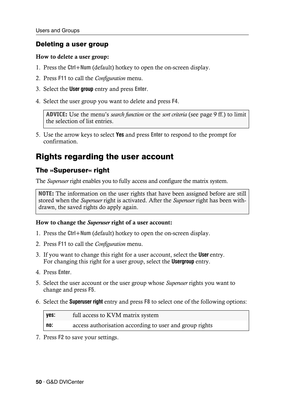 Deleting a user group, Rights regarding the user account, The »superuser« right | Guntermann & Drunck DVICenter DP16 Configuration and Operation User Manual | Page 58 / 152
