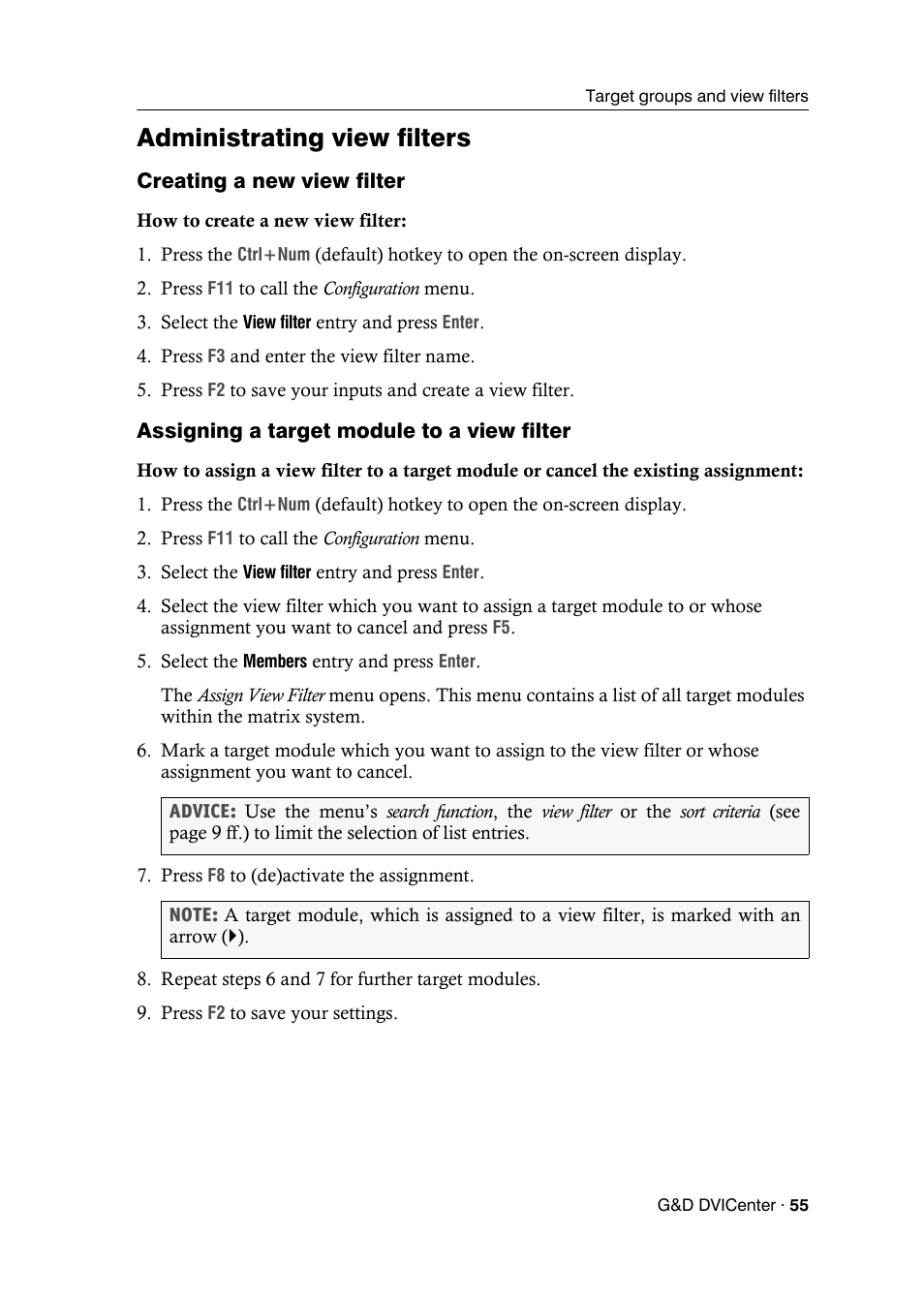 Administrating view filters, Creating a new view filter, Assigning a target module to a view filter | Guntermann & Drunck DVICenter DP16 Configuration and Operation User Manual | Page 63 / 152