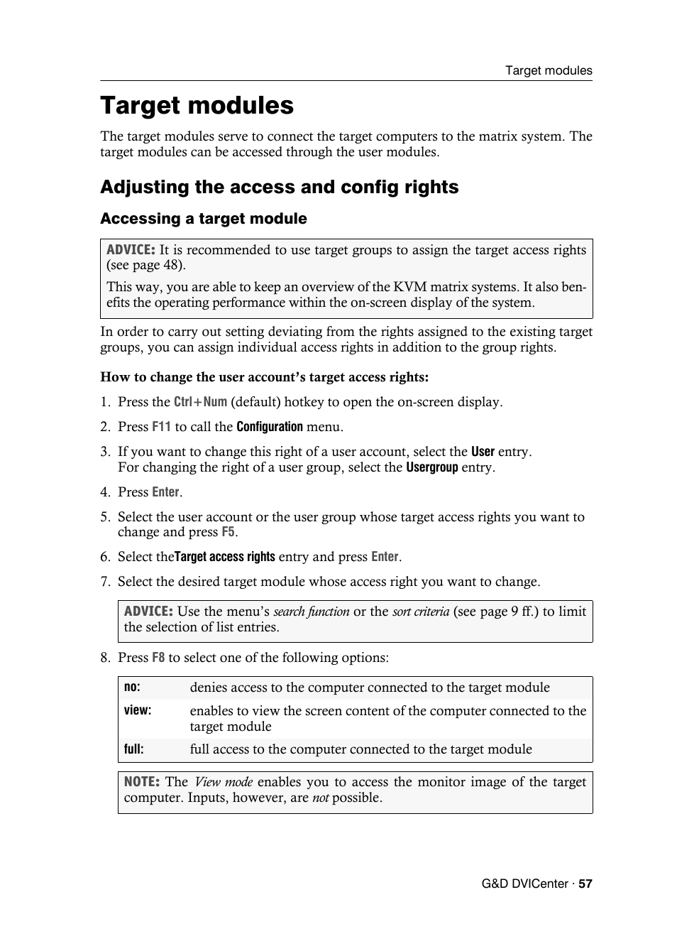 Target modules, Adjusting the access and config rights, Accessing a target module | Guntermann & Drunck DVICenter DP16 Configuration and Operation User Manual | Page 65 / 152