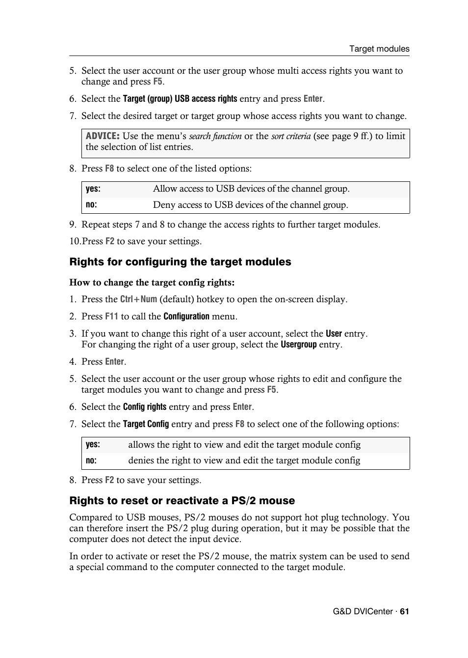 Rights for configuring the target modules, Rights to reset or reactivate a ps/2 mouse | Guntermann & Drunck DVICenter DP16 Configuration and Operation User Manual | Page 69 / 152