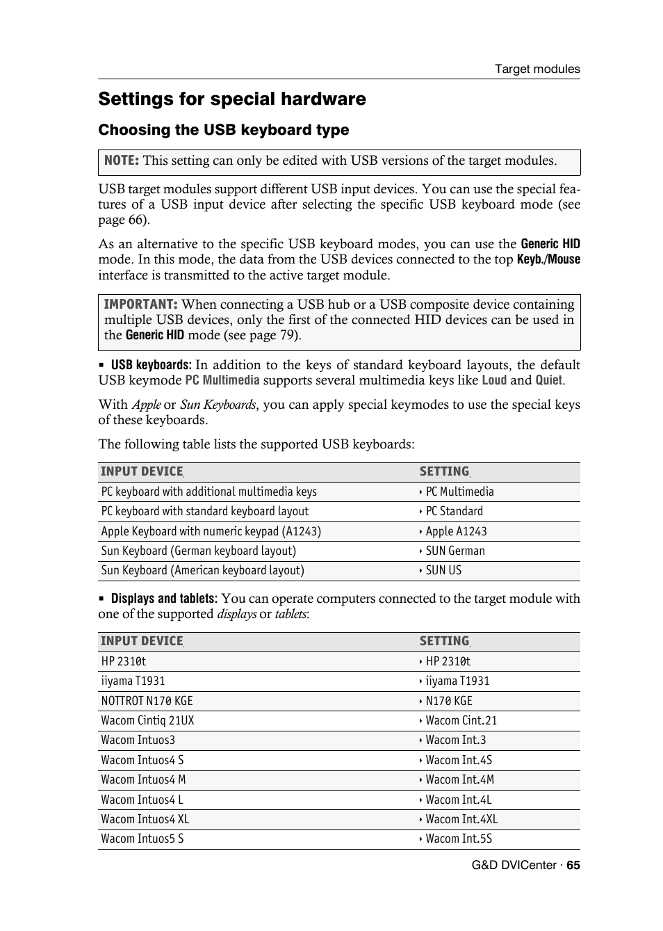 Settings for special hardware, Choosing the usb keyboard type | Guntermann & Drunck DVICenter DP16 Configuration and Operation User Manual | Page 73 / 152