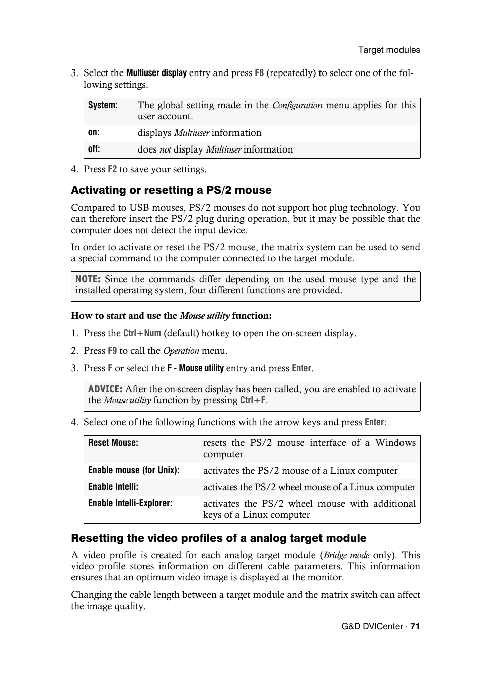 Activating or resetting a ps/2 mouse, Activating or | Guntermann & Drunck DVICenter DP16 Configuration and Operation User Manual | Page 79 / 152