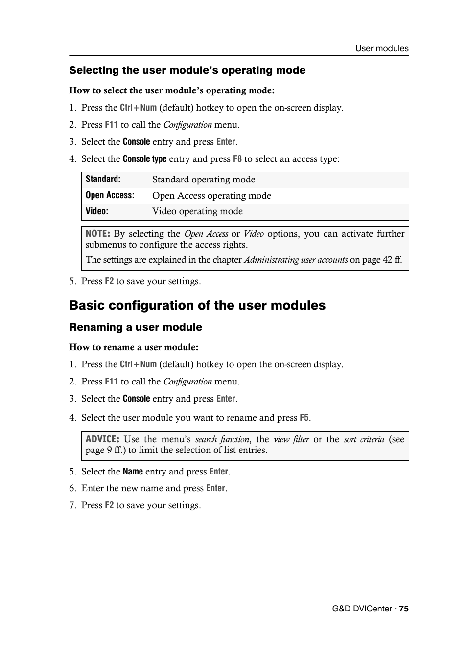 Selecting the user module’s operating mode, Basic configuration of the user modules, Renaming a user module | Guntermann & Drunck DVICenter DP16 Configuration and Operation User Manual | Page 83 / 152