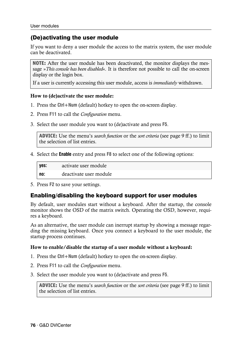 De)activating the user module | Guntermann & Drunck DVICenter DP16 Configuration and Operation User Manual | Page 84 / 152