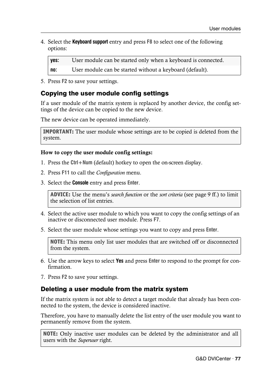 Copying the user module config settings, Deleting a user module from the matrix system | Guntermann & Drunck DVICenter DP16 Configuration and Operation User Manual | Page 85 / 152