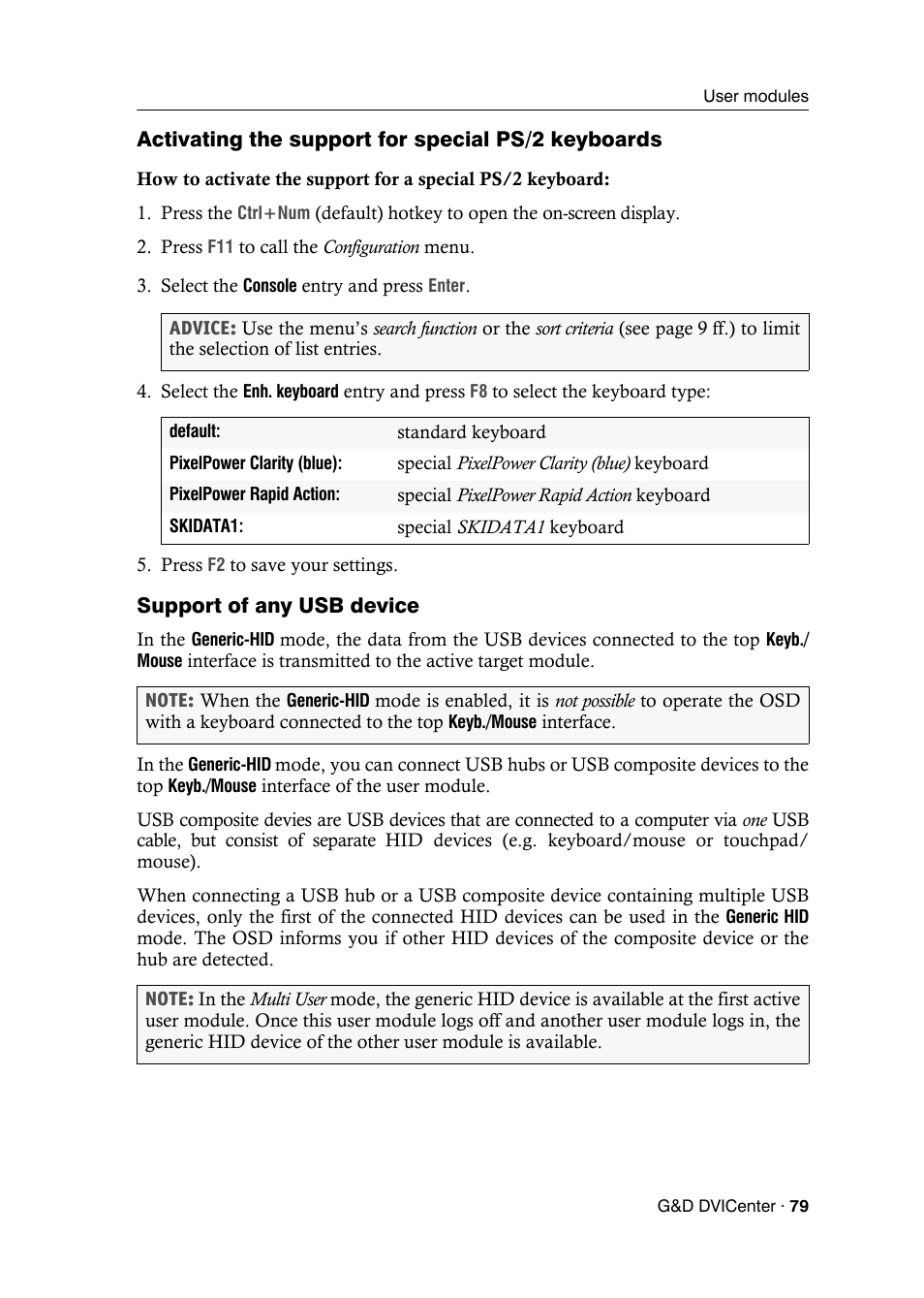 Activating the support for special ps/2 keyboards, Support of any usb device | Guntermann & Drunck DVICenter DP16 Configuration and Operation User Manual | Page 87 / 152