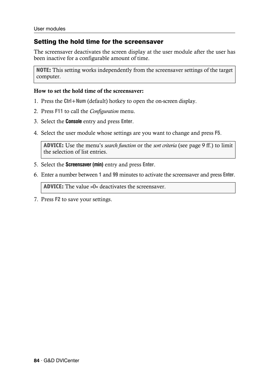 Setting the hold time for the screensaver | Guntermann & Drunck DVICenter DP16 Configuration and Operation User Manual | Page 92 / 152