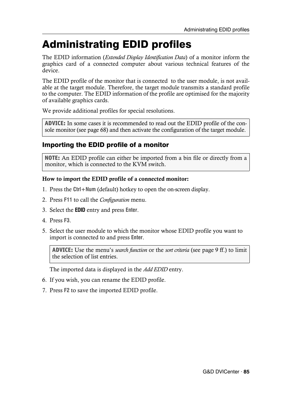 Administrating edid profiles, Importing the edid profile of a monitor | Guntermann & Drunck DVICenter DP16 Configuration and Operation User Manual | Page 93 / 152
