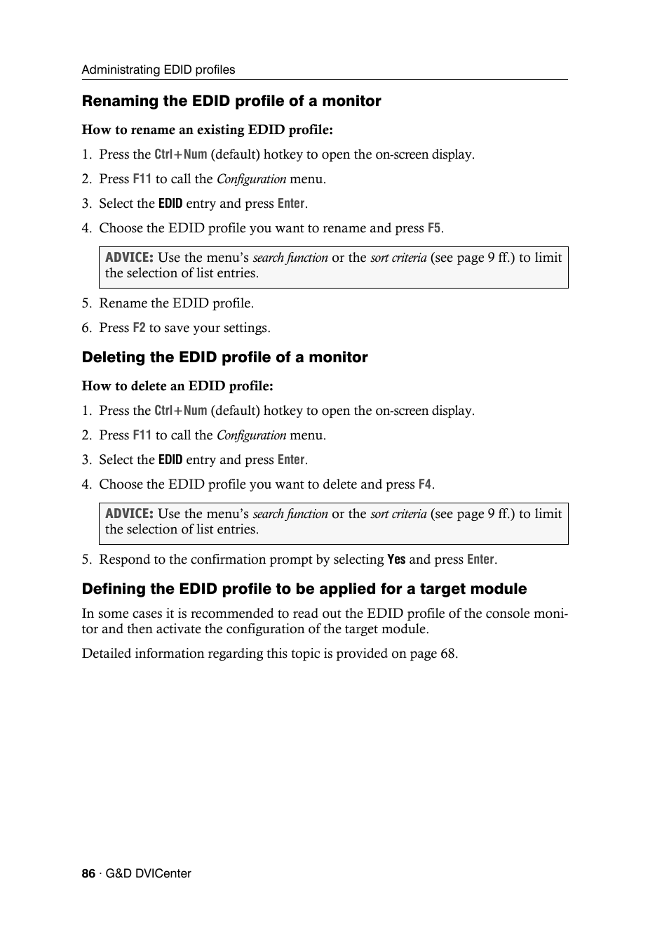 Renaming the edid profile of a monitor, Deleting the edid profile of a monitor | Guntermann & Drunck DVICenter DP16 Configuration and Operation User Manual | Page 94 / 152