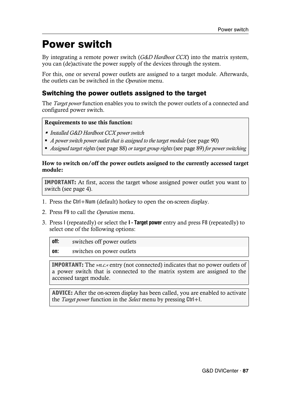 Power switch, Switching the power outlets assigned to the target | Guntermann & Drunck DVICenter DP16 Configuration and Operation User Manual | Page 95 / 152