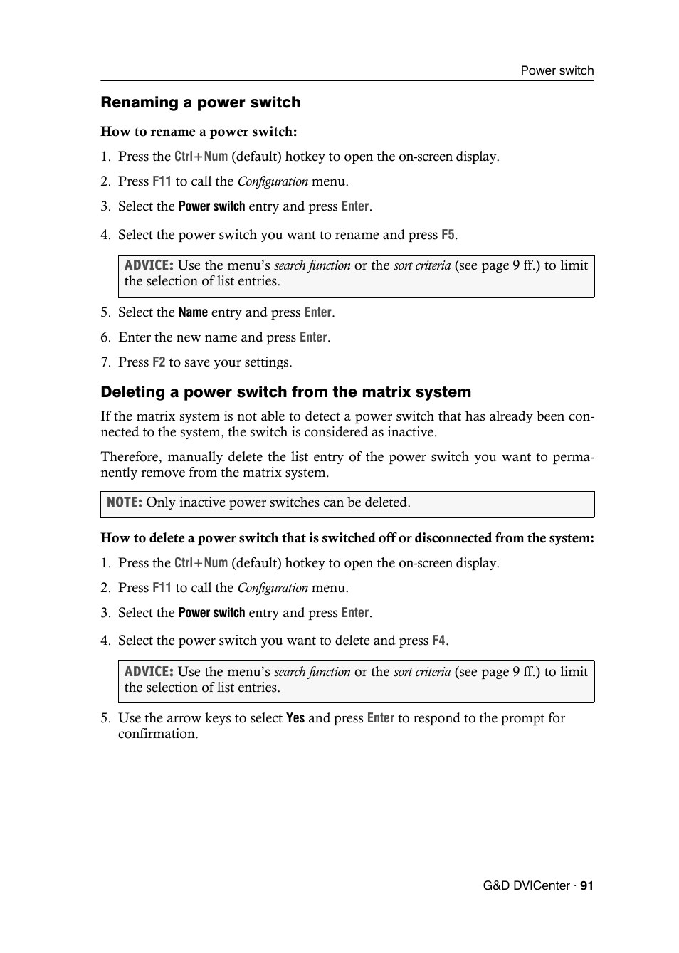 Renaming a power switch, Deleting a power switch from the matrix system | Guntermann & Drunck DVICenter DP16 Configuration and Operation User Manual | Page 99 / 152