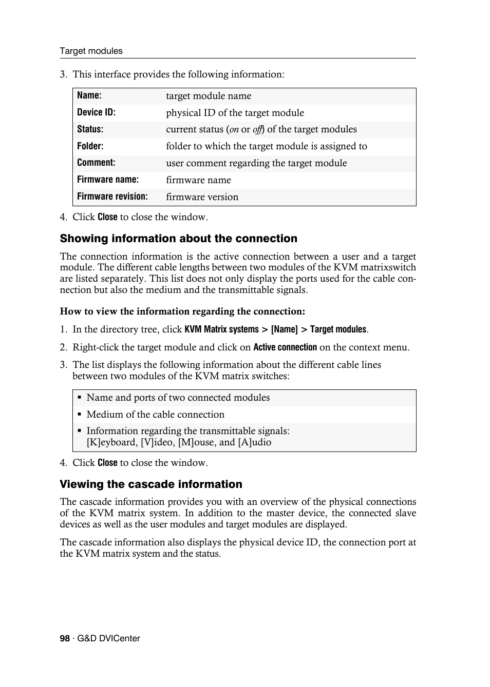 Showing information about the connection, Viewing the cascade information | Guntermann & Drunck DVICenter DP16 Config Panel User Manual | Page 100 / 196