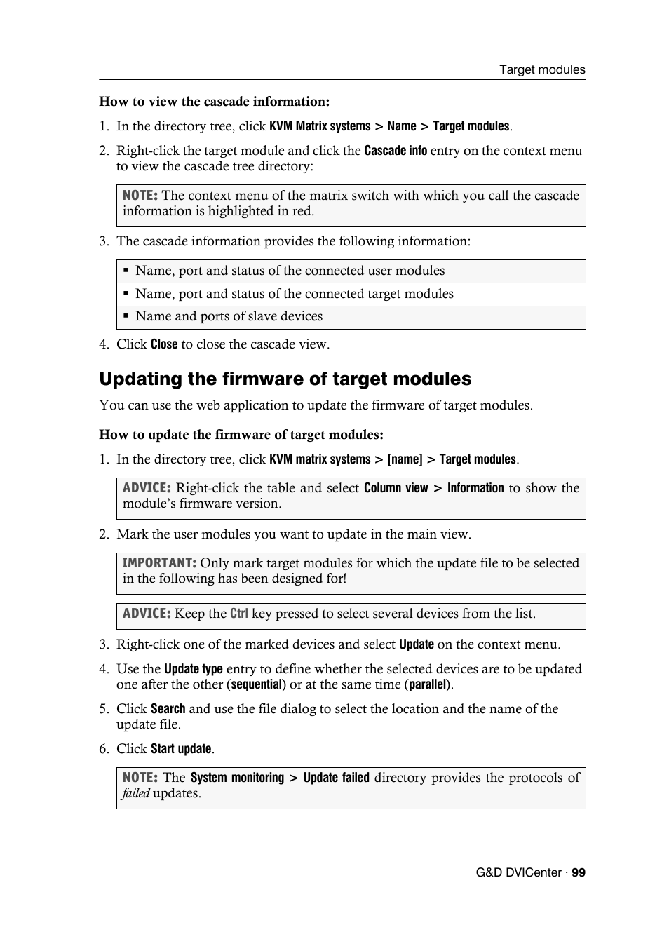 Updating the firmware of target modules | Guntermann & Drunck DVICenter DP16 Config Panel User Manual | Page 101 / 196