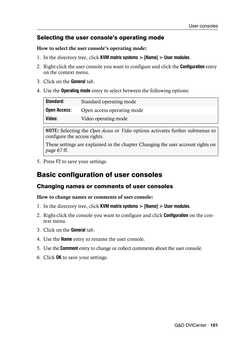 Selecting the user console’s operating mode, Basic configuration of user consoles, Changing names or comments of user consoles | Guntermann & Drunck DVICenter DP16 Config Panel User Manual | Page 103 / 196
