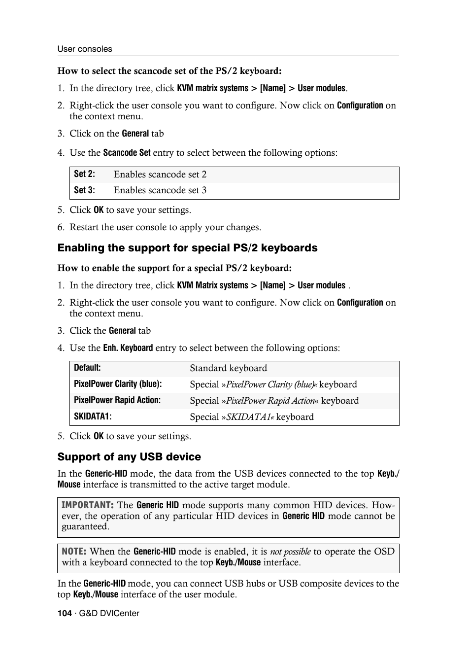 Enabling the support for special ps/2 keyboards, Support of any usb device | Guntermann & Drunck DVICenter DP16 Config Panel User Manual | Page 106 / 196