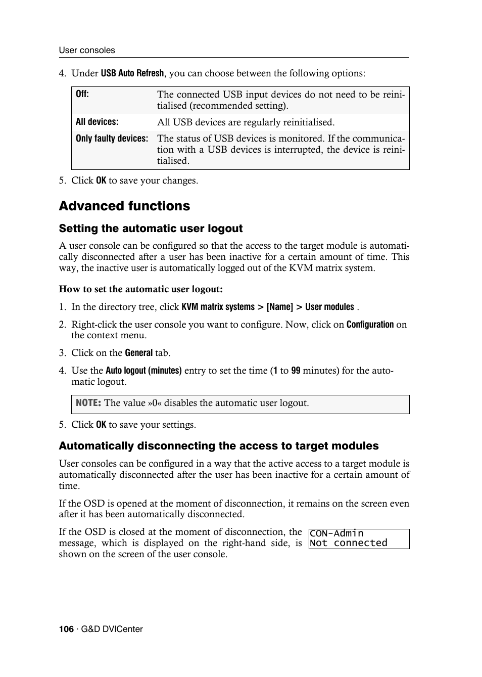 Advanced functions, Setting the automatic user logout | Guntermann & Drunck DVICenter DP16 Config Panel User Manual | Page 108 / 196