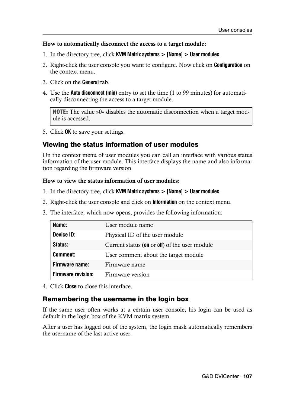 Viewing the status information of user modules, Remembering the username in the login box | Guntermann & Drunck DVICenter DP16 Config Panel User Manual | Page 109 / 196