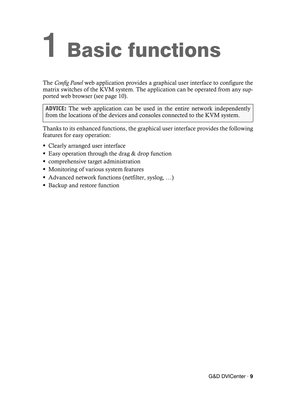 Basic functions, Chapter 1: basic functions | Guntermann & Drunck DVICenter DP16 Config Panel User Manual | Page 11 / 196