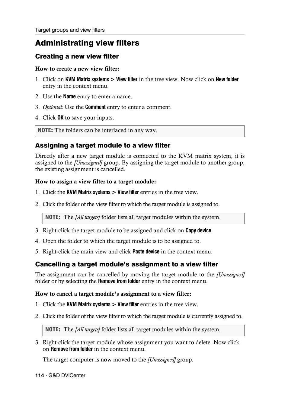 Administrating view filters, Creating a new view filter, Assigning a target module to a view filter | Guntermann & Drunck DVICenter DP16 Config Panel User Manual | Page 116 / 196