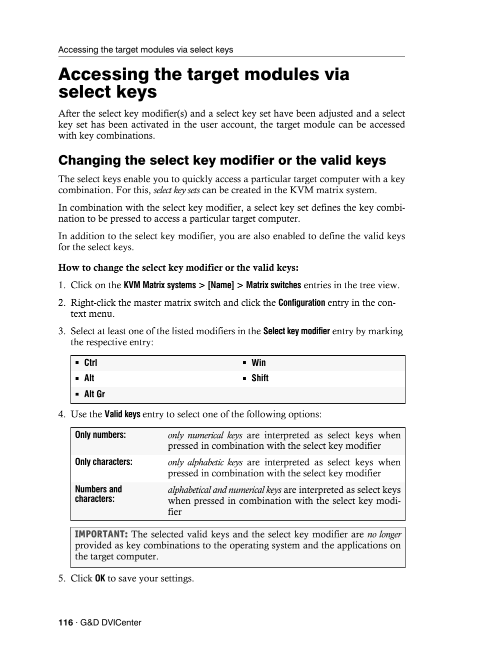 Accessing the target modules via select keys, Changing the select key modifier or the valid keys | Guntermann & Drunck DVICenter DP16 Config Panel User Manual | Page 118 / 196