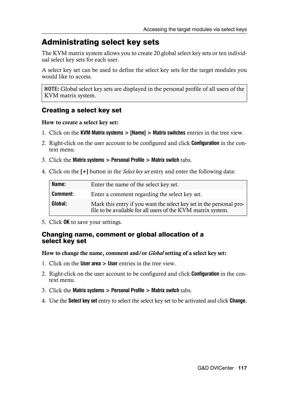 Administrating select key sets, Creating a select key set | Guntermann & Drunck DVICenter DP16 Config Panel User Manual | Page 119 / 196