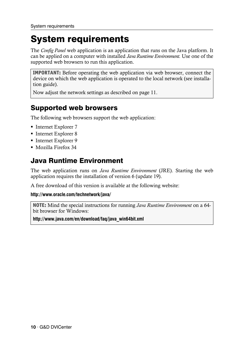 System requirements, Supported web browsers, Java runtime environment | Supported web browsers java runtime environment | Guntermann & Drunck DVICenter DP16 Config Panel User Manual | Page 12 / 196