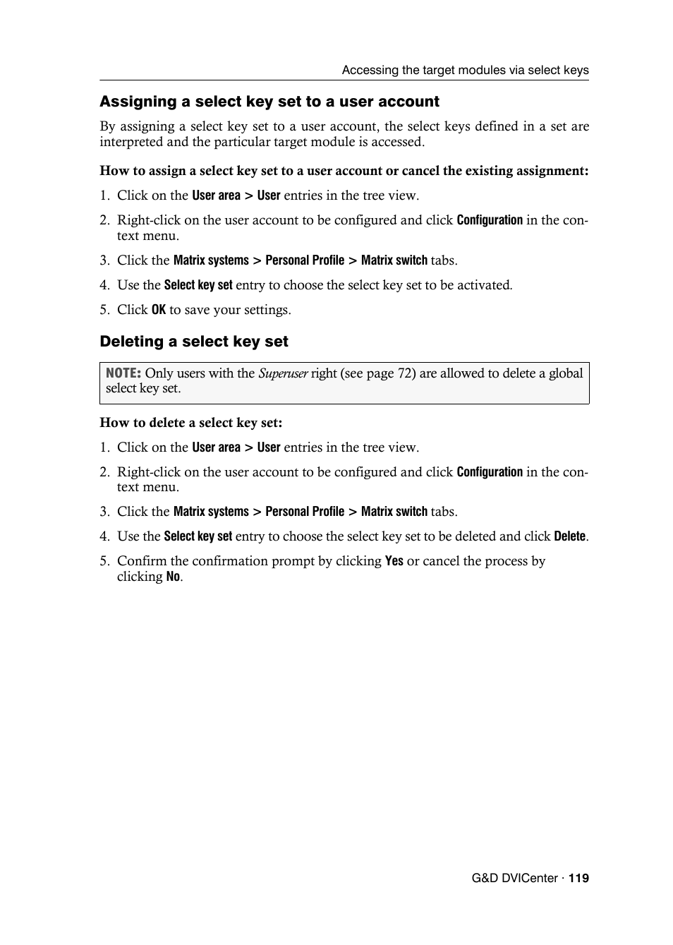 Assigning a select key set to a user account, Deleting a select key set | Guntermann & Drunck DVICenter DP16 Config Panel User Manual | Page 121 / 196