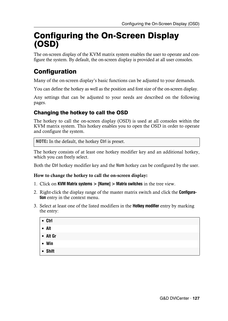 Configuring the on-screen display (osd), Configuration, Changing the hotkey to call the osd | Guntermann & Drunck DVICenter DP16 Config Panel User Manual | Page 129 / 196