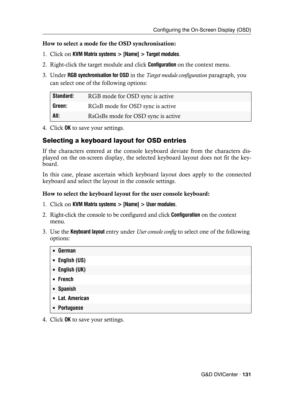 Selecting a keyboard layout for osd entries | Guntermann & Drunck DVICenter DP16 Config Panel User Manual | Page 133 / 196