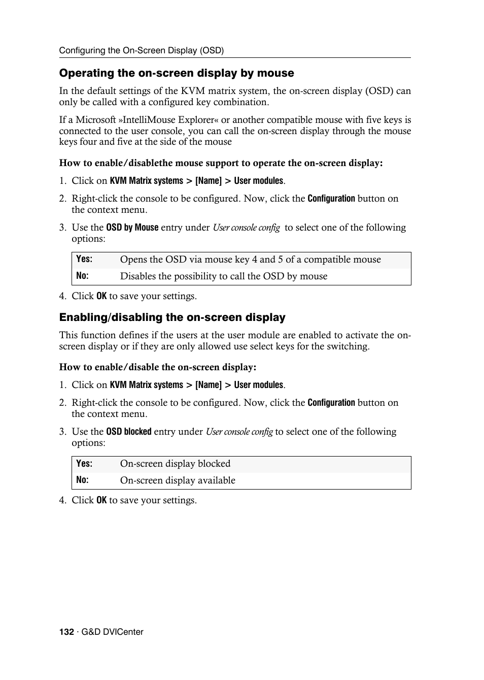 Operating the on-screen display by mouse, Enabling/disabling the on-screen display | Guntermann & Drunck DVICenter DP16 Config Panel User Manual | Page 134 / 196