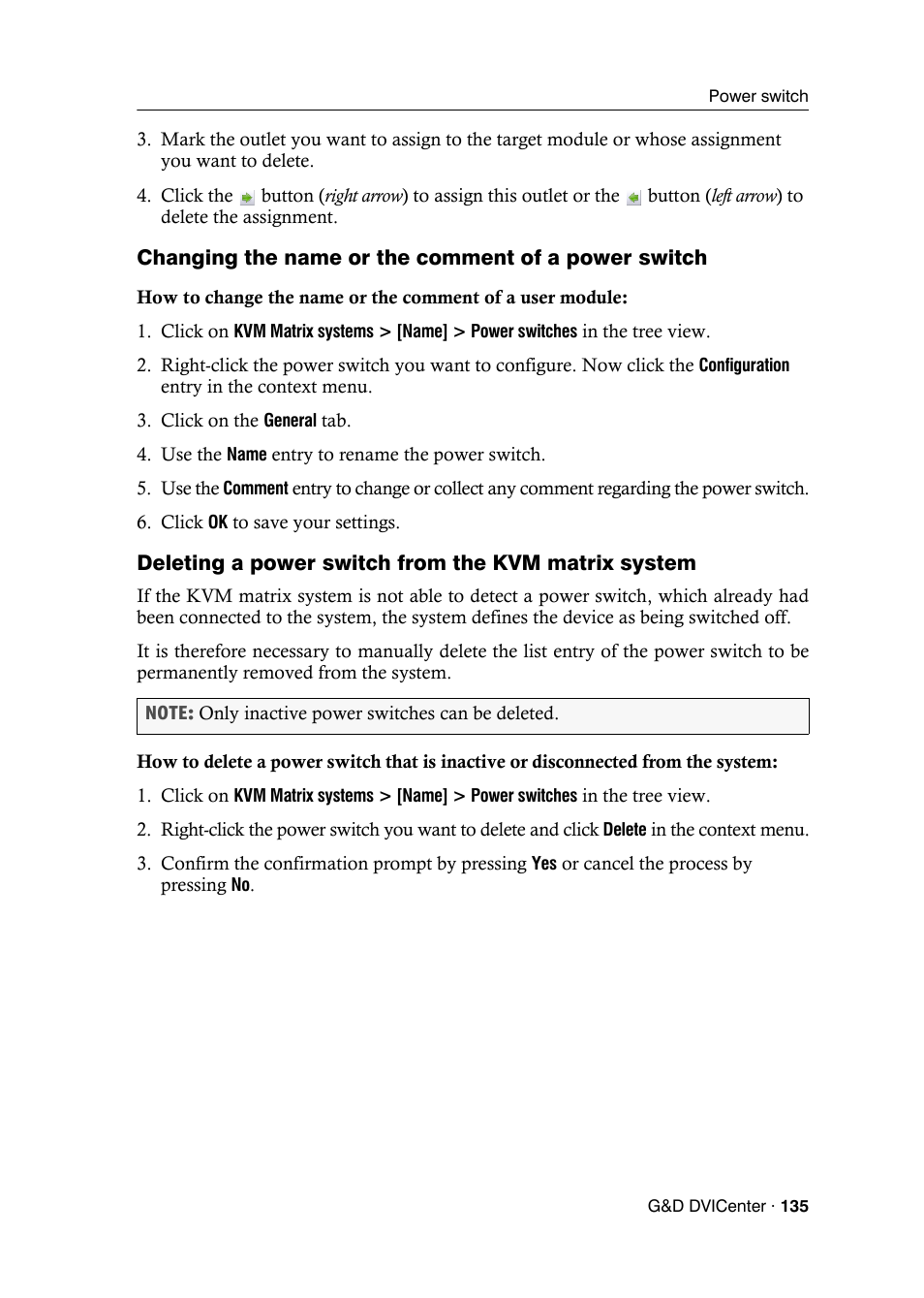 Changing the name or the comment of a power switch, Deleting a power switch from the kvm matrix system | Guntermann & Drunck DVICenter DP16 Config Panel User Manual | Page 137 / 196