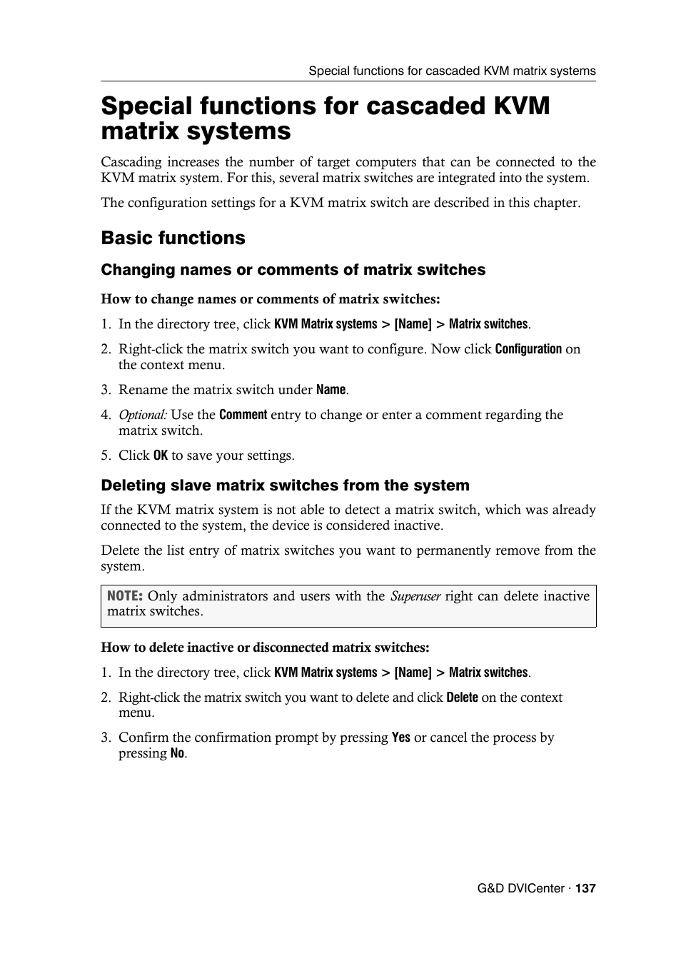 Special functions for cascaded kvm matrix systems, Basic functions, Changing names or comments of matrix switches | Deleting slave matrix switches from the system | Guntermann & Drunck DVICenter DP16 Config Panel User Manual | Page 139 / 196