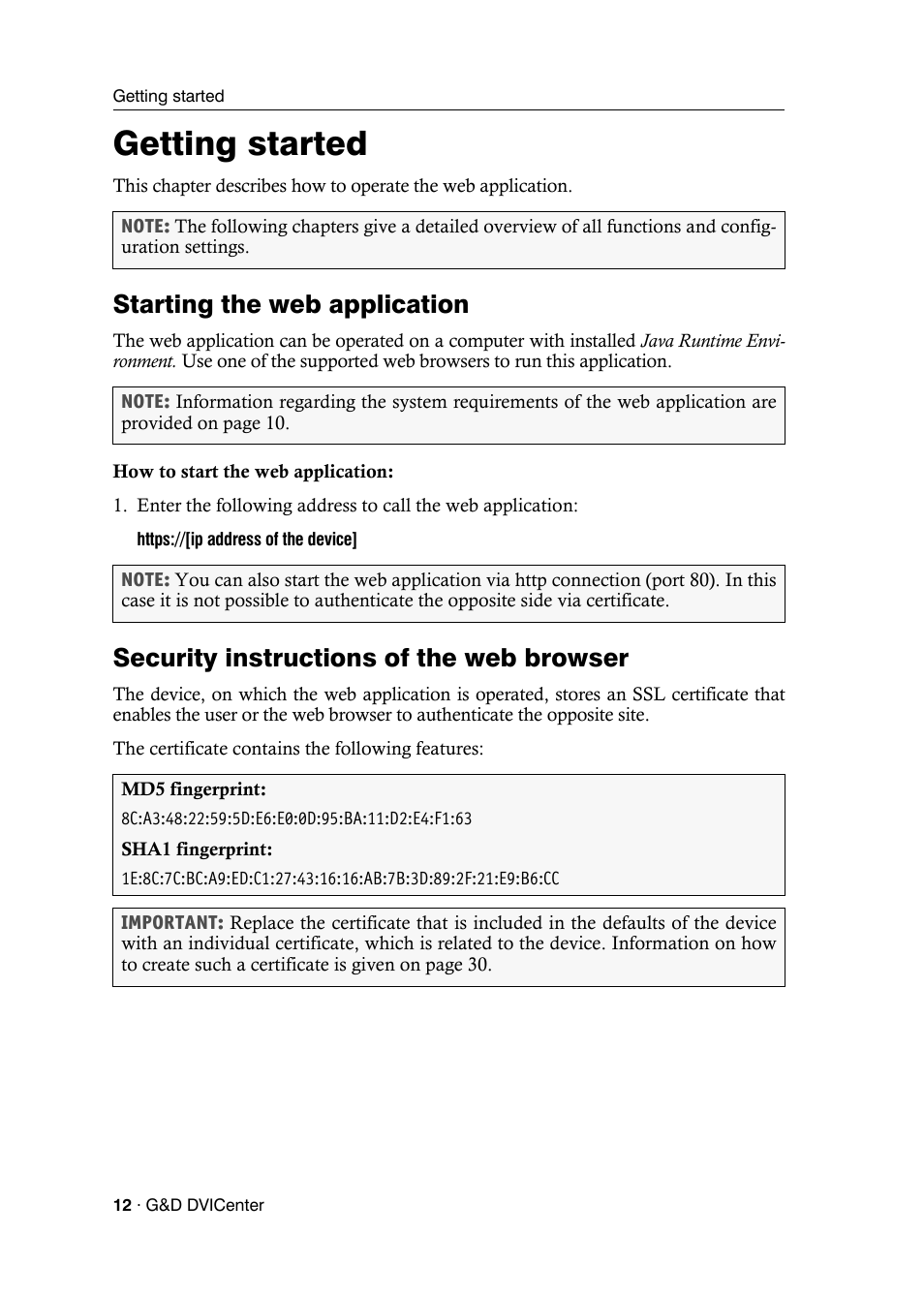 Getting started, Starting the web application, Security instructions of the web browser | Guntermann & Drunck DVICenter DP16 Config Panel User Manual | Page 14 / 196