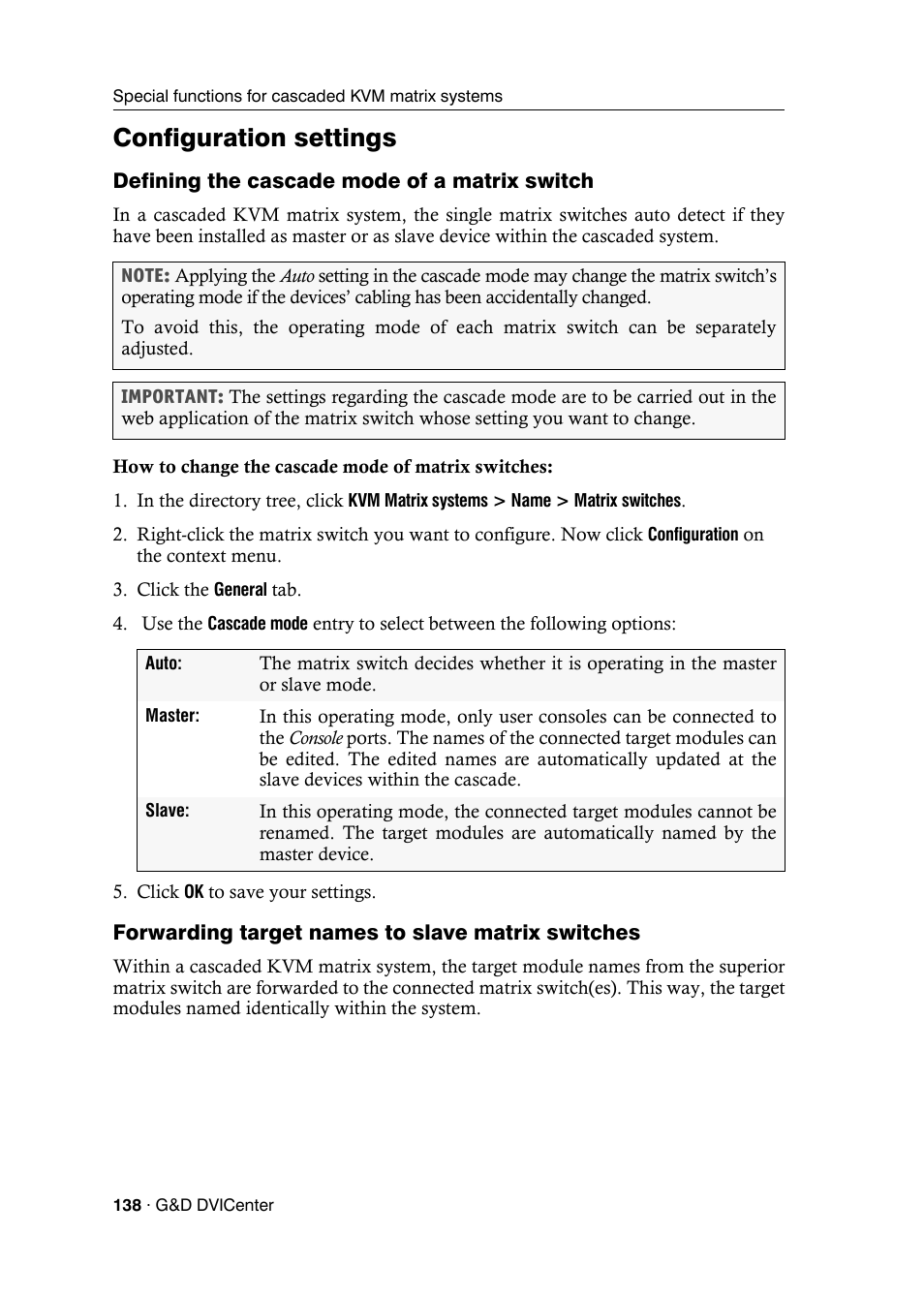 Configuration settings, Defining the cascade mode of a matrix switch, Forwarding target names to slave matrix switches | Guntermann & Drunck DVICenter DP16 Config Panel User Manual | Page 140 / 196