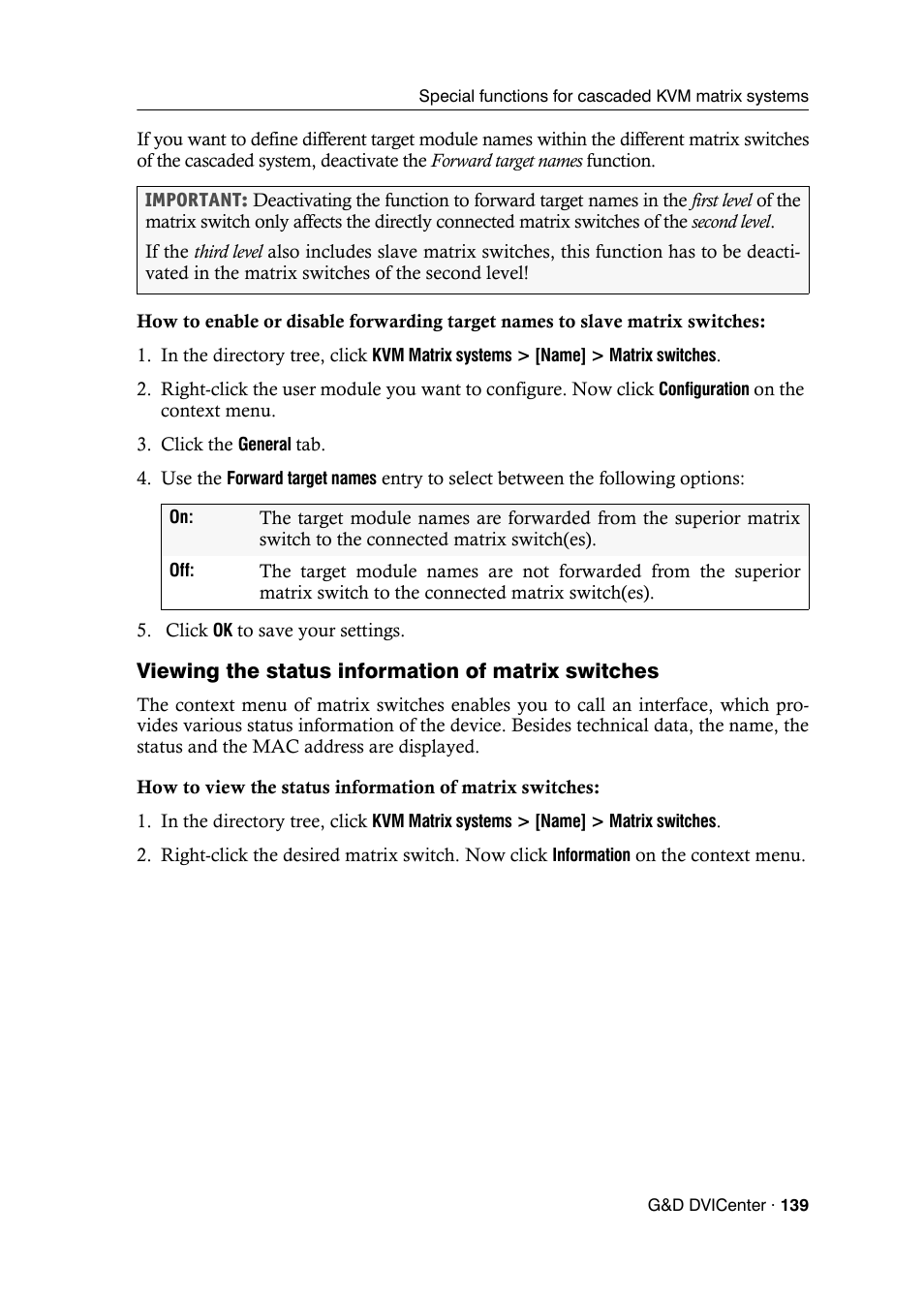 Viewing the status information of matrix switches | Guntermann & Drunck DVICenter DP16 Config Panel User Manual | Page 141 / 196