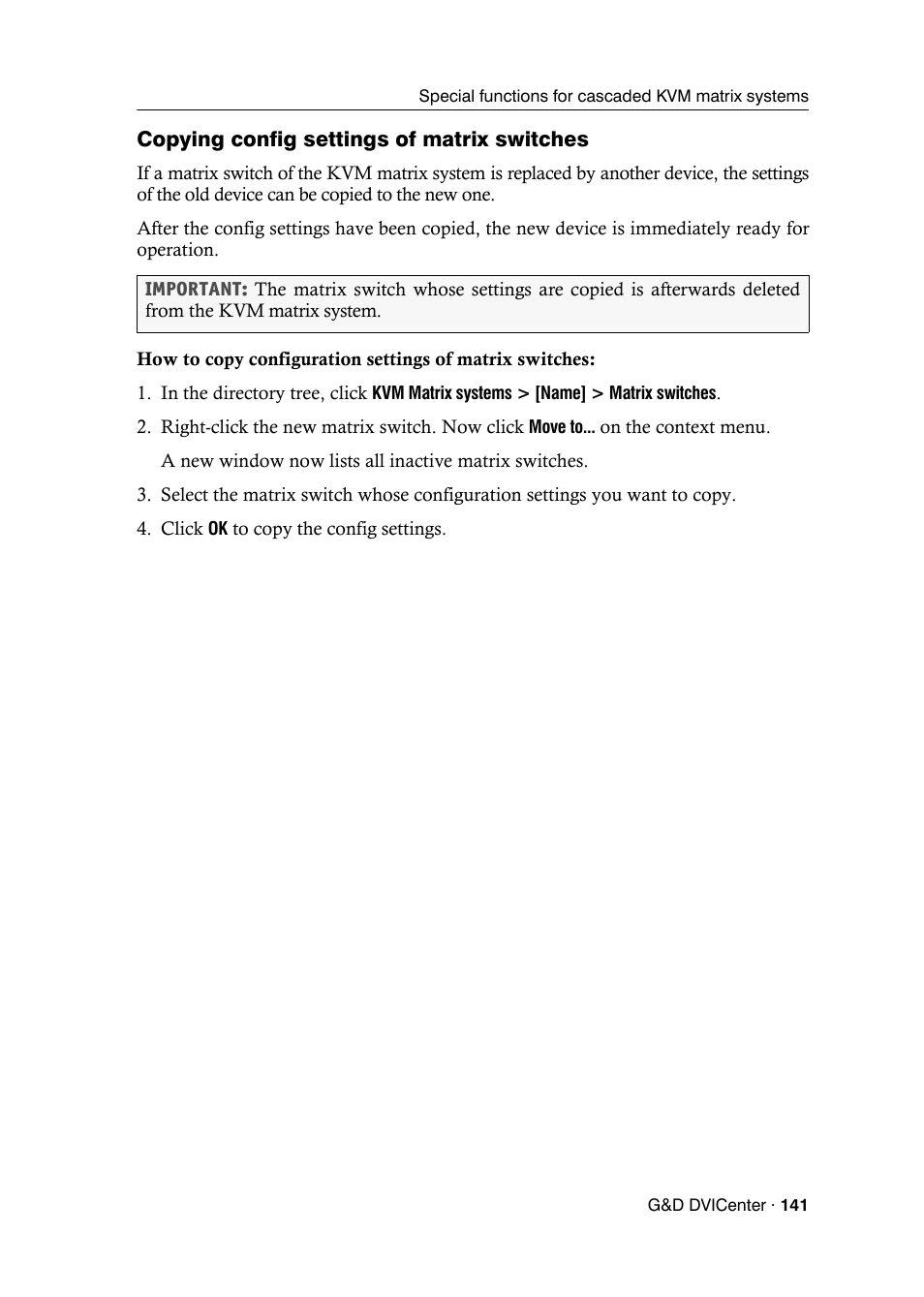 Copying config settings of matrix switches | Guntermann & Drunck DVICenter DP16 Config Panel User Manual | Page 143 / 196