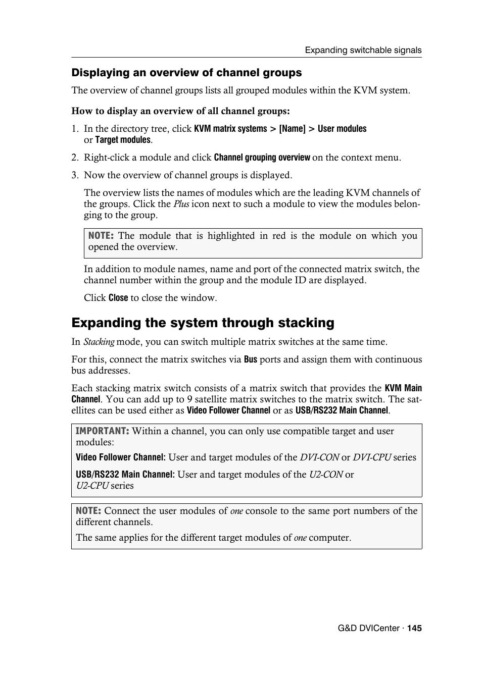 Displaying an overview of channel groups, Expanding the system through stacking | Guntermann & Drunck DVICenter DP16 Config Panel User Manual | Page 147 / 196