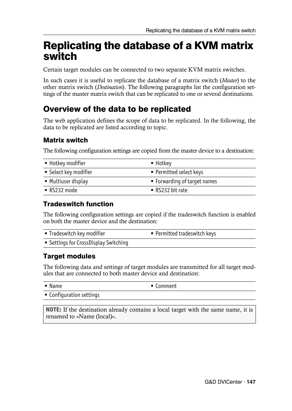 Replicating the database of a kvm matrix switch, Overview of the data to be replicated, Repl | Guntermann & Drunck DVICenter DP16 Config Panel User Manual | Page 149 / 196