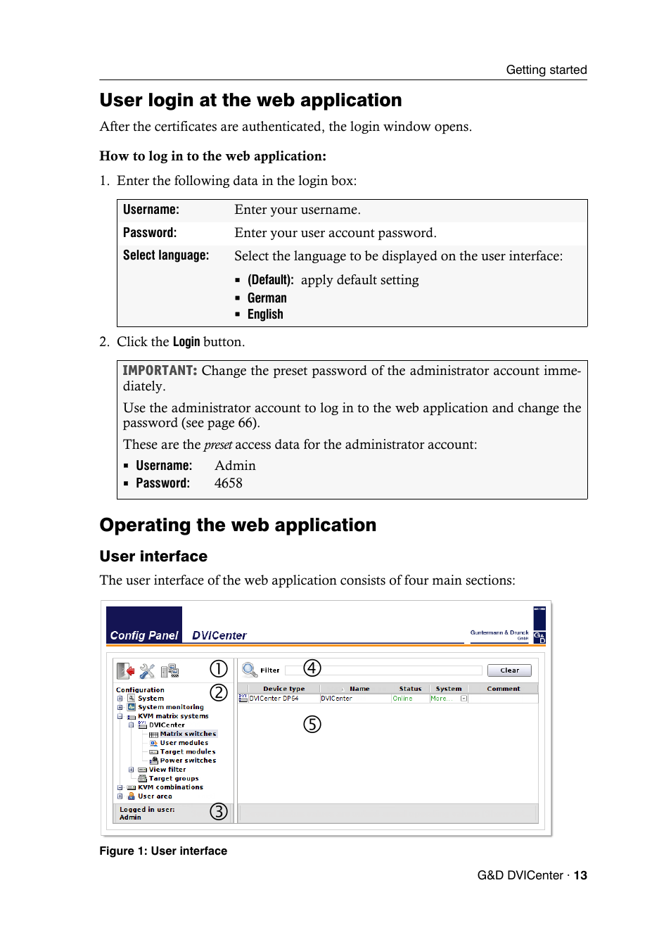 User login at the web application, Operating the web application, User interface | Guntermann & Drunck DVICenter DP16 Config Panel User Manual | Page 15 / 196