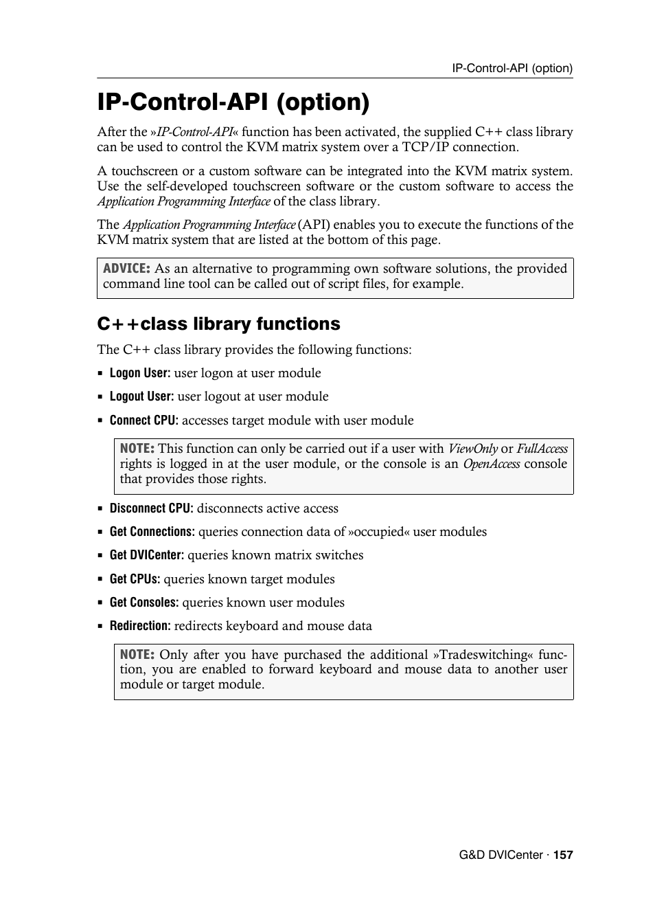 Ip-control-api (option), C++class library functions | Guntermann & Drunck DVICenter DP16 Config Panel User Manual | Page 159 / 196