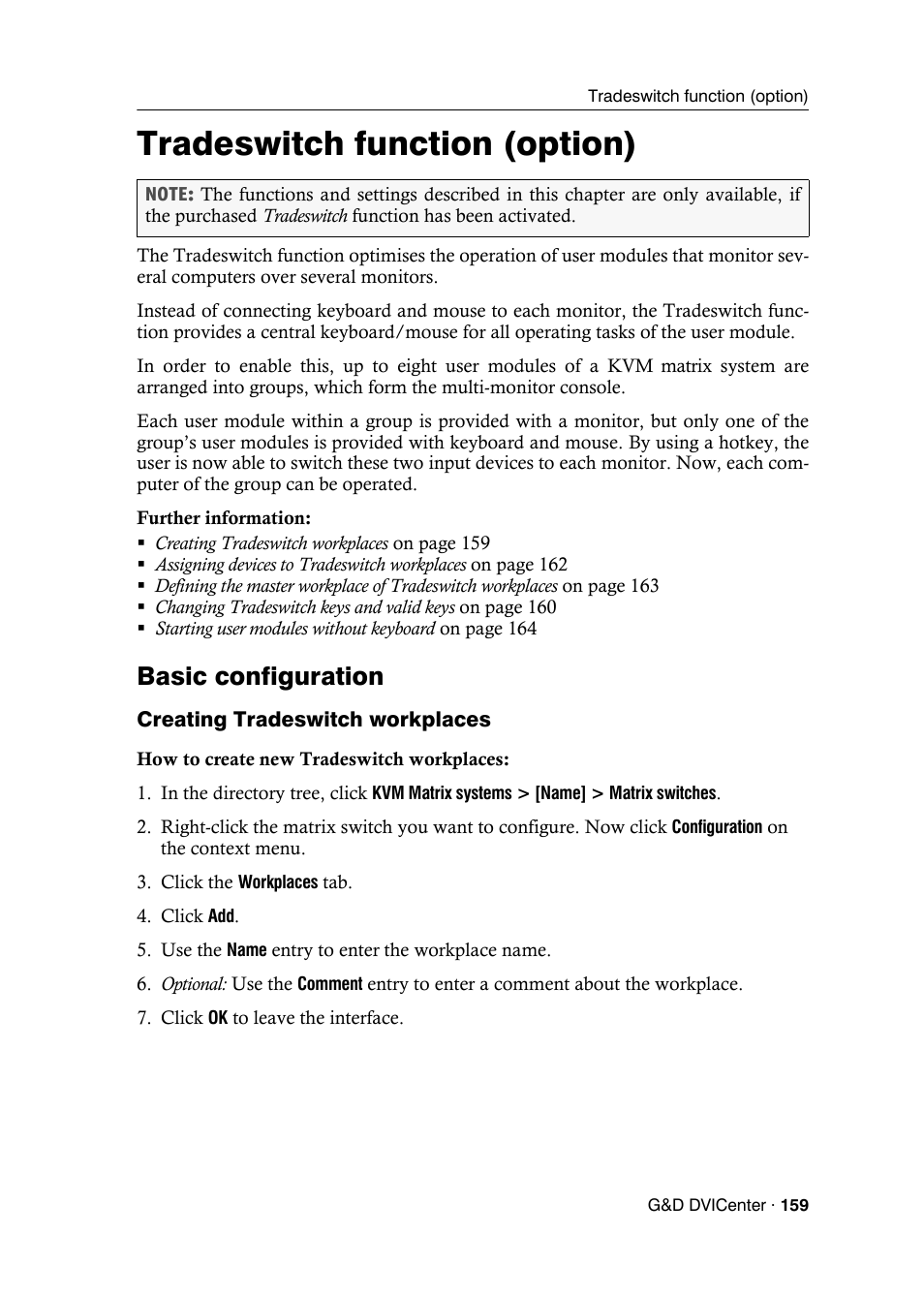 Tradeswitch function (option), Basic configuration, Creating tradeswitch workplaces | Guntermann & Drunck DVICenter DP16 Config Panel User Manual | Page 161 / 196