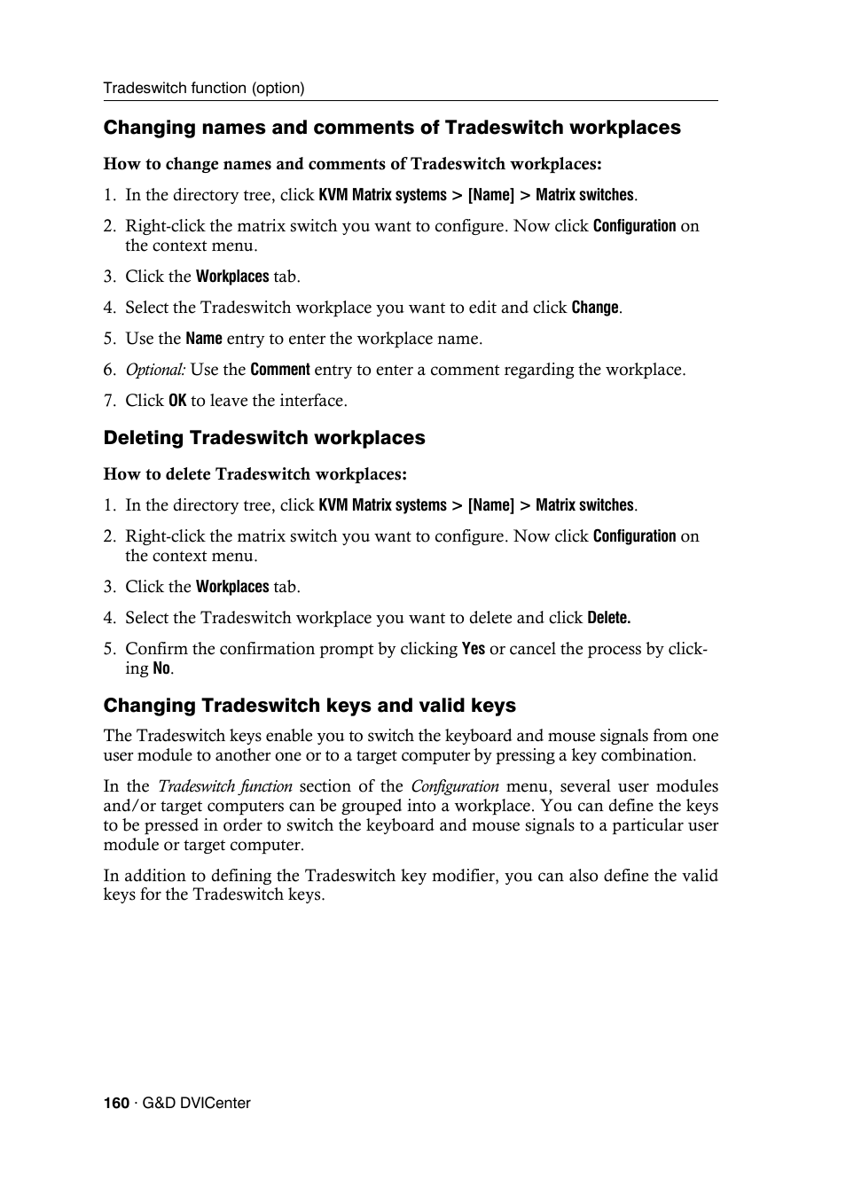 Deleting tradeswitch workplaces, Changing tradeswitch keys and valid keys | Guntermann & Drunck DVICenter DP16 Config Panel User Manual | Page 162 / 196